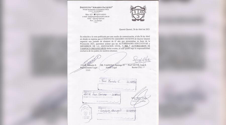 La nota de descargo de los directivos del Instituto 