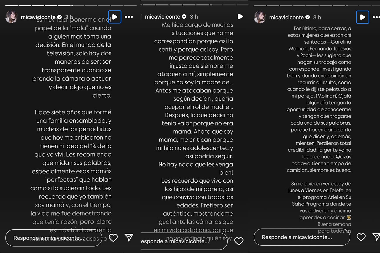 Mica Viciconte estalló en las redes sociales  después de que la criticaran por su decisión en relación a los 15 de Allegra. (Fotos: capturas de pantalla de Instagram)