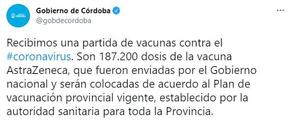 El Gobierno de Córdoba informó a través de Twitter el arribo de una nueva partida de vacunas.