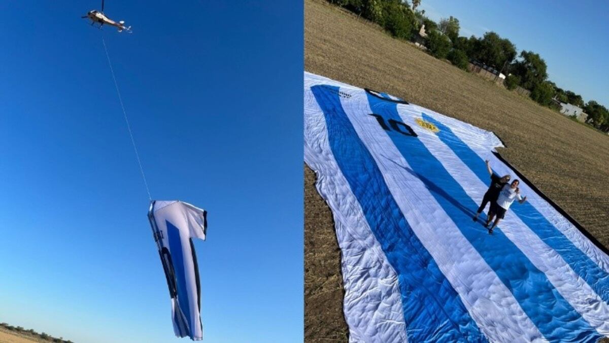 Jóvenes talleristas de Serodino crearon una camiseta gigante de Messi para alentar a la Selección