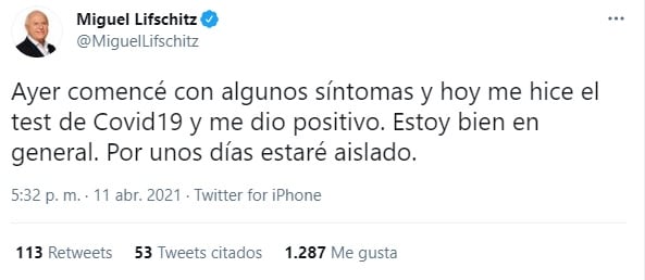 Tuit de Miguel Lifschitz confirmando que dio positivo por coronavirus. (@MiguelLifschitz)