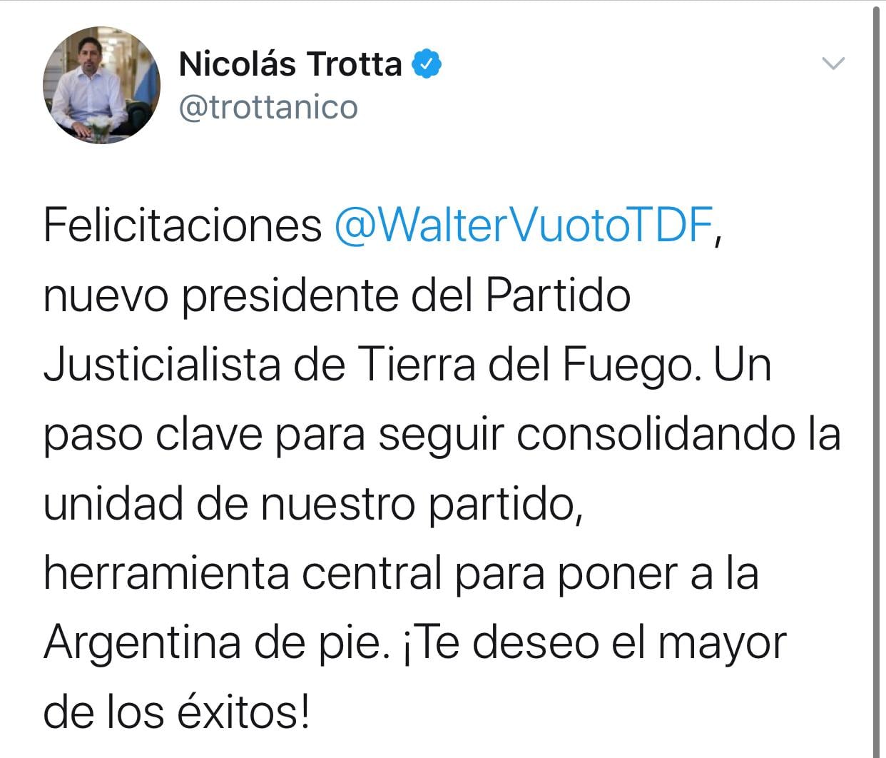 Dirigentes del PJ de todo el país expresaron sus felicitaciones hacia Walter Vuoto