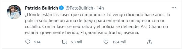 Tweet de Patricia Bullrich sobre las pistolas Taser