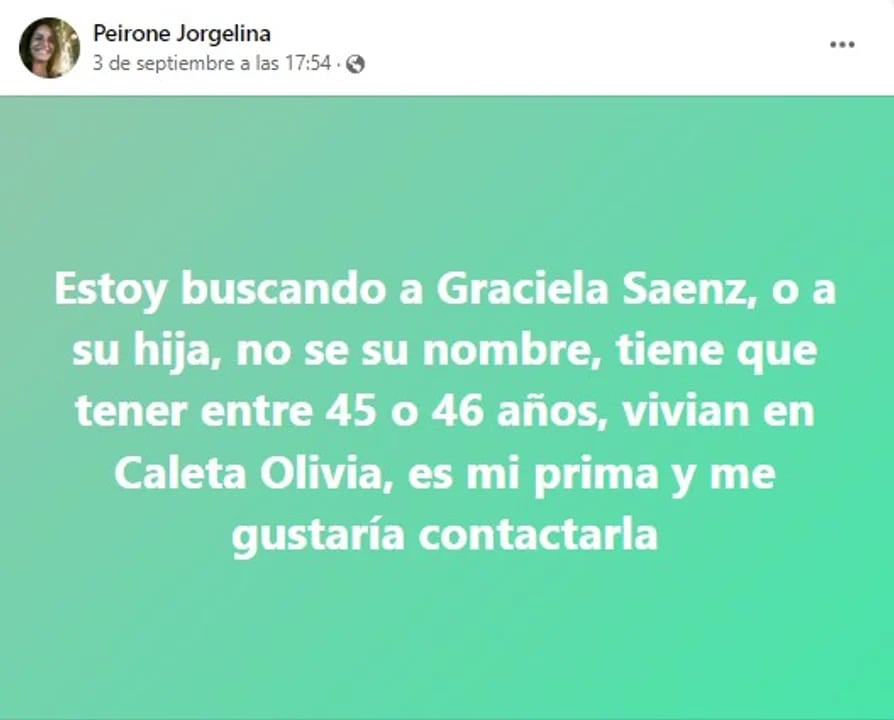 El posteo de difusión para contactar a Graciela Sanez.