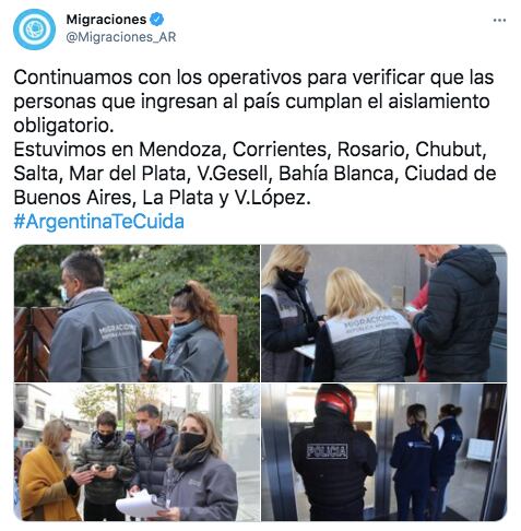 La Dirección Nacional de Migraciones verificó el cumplimiento del aislamiento obligatorio de quienes regresaron al país desde el exterior.