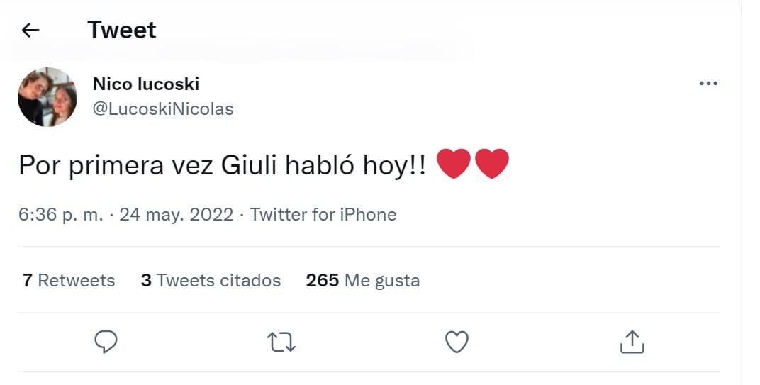 Giuliana Lucoski habló por primera vez tras más de 15 días internada en terapia intensiva.