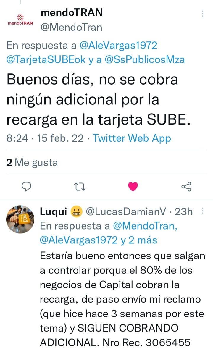 Una vez más, MendoTran aclaró que es ilegal cobrar un adicional por la carga de tarjeta SUBE.