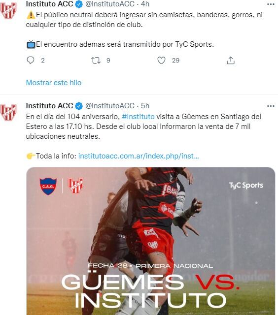 Los hinchas de Instituto podrán ir al partido en Santiago, pero como neutrales.