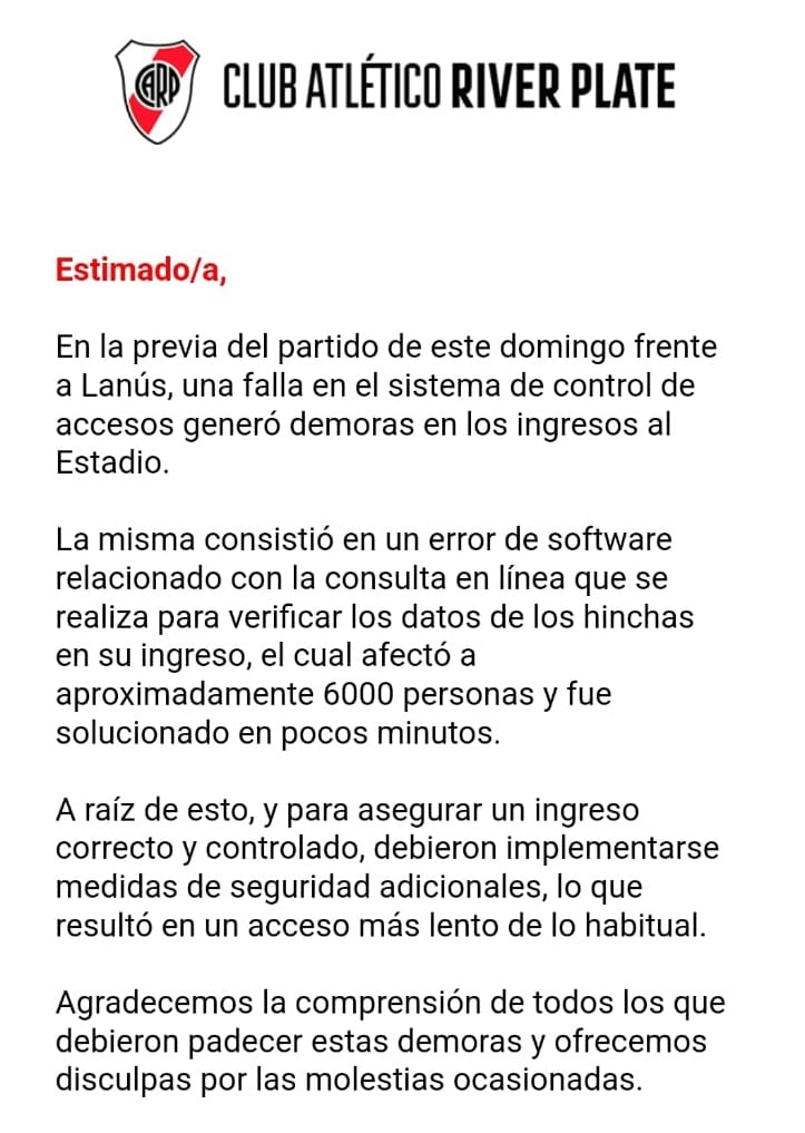 El comunicado de River vía mail.