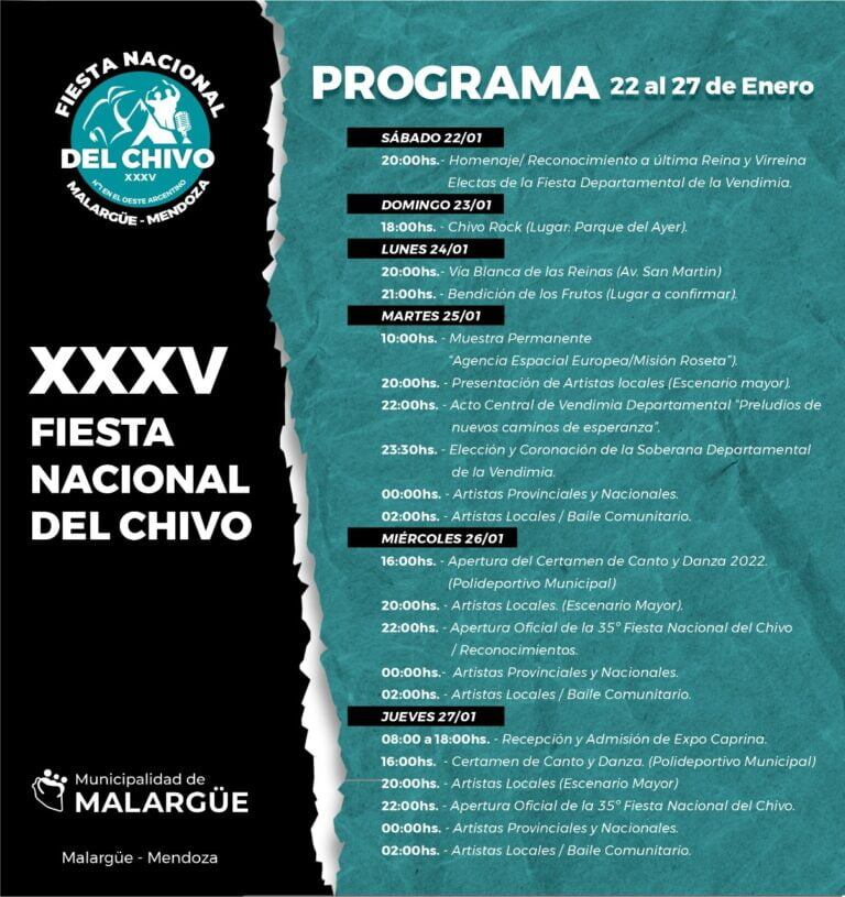 Cronograma de artistas y actividades prevista para la 35° Fiesta Nacional del Chivo en Malargüe.