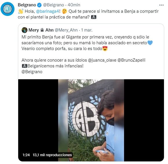 Belgrano, a través de Juan Barinaga, invitó a Benjamín a la práctica y para la espera foto con sus ídolos.