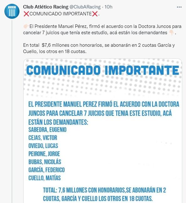 Racing anunció un acuerdo para cancelar juicios por 7,6 millones de pesos.