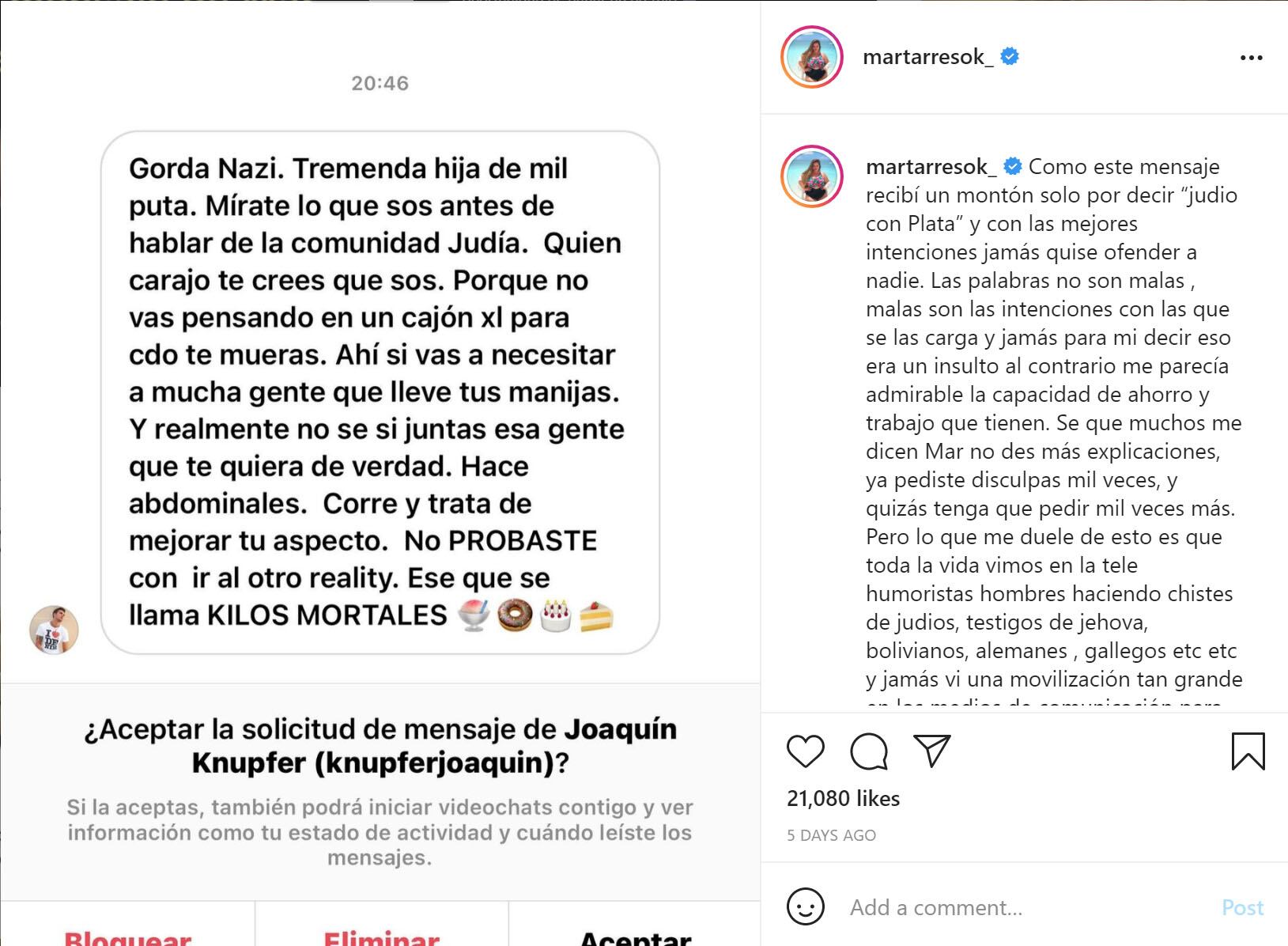 El mensaje violento que recibió Mar tras su comentario.