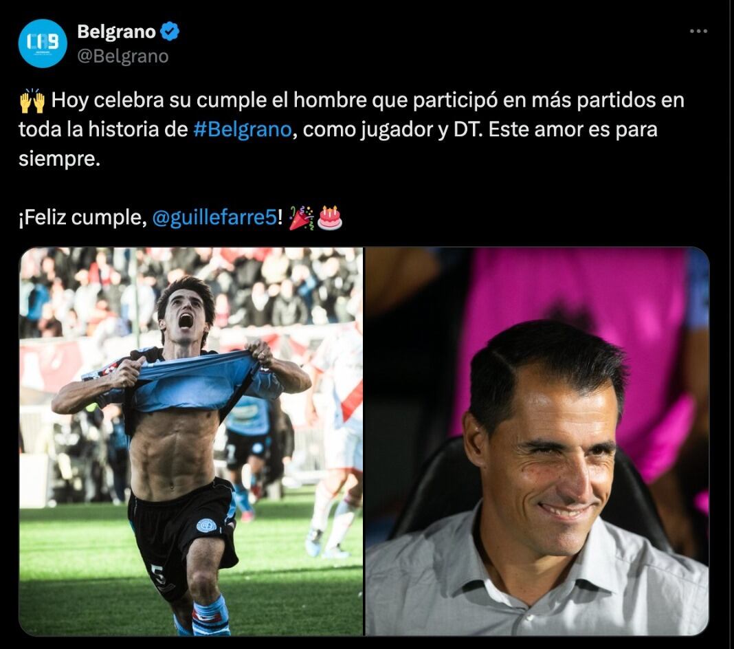 El posteo de Belgrano para Farré en el día de su cumpleaños 43.