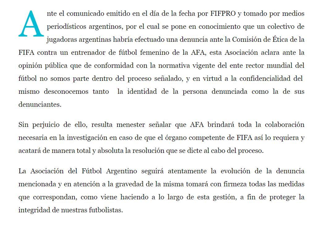 El comunicado de la AFA