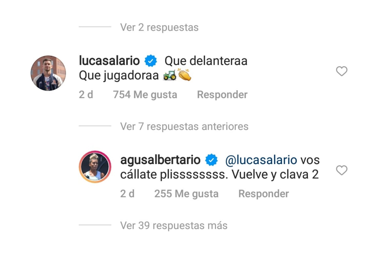 Los mensajes de Lucas Alario y Agustina Albertario.