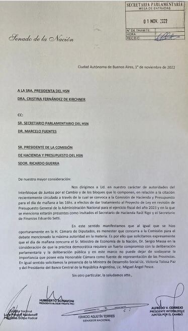 La carta de los senadores de la oposición a Cristina Kirchner.