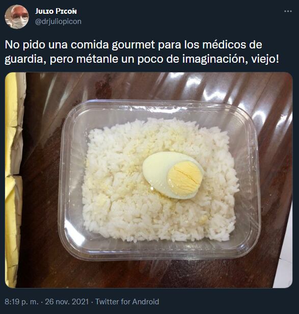 Mostró la comida que le dan a los médicos de guardia en Chaco y generó repudio