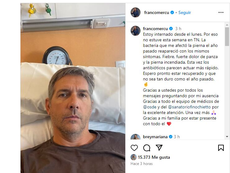 Franco Merculiari contó el difícil problema de salud que vive