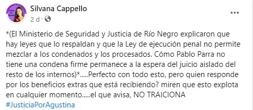 El mensaje de la mamá de Agustina Fernández en Facebook.