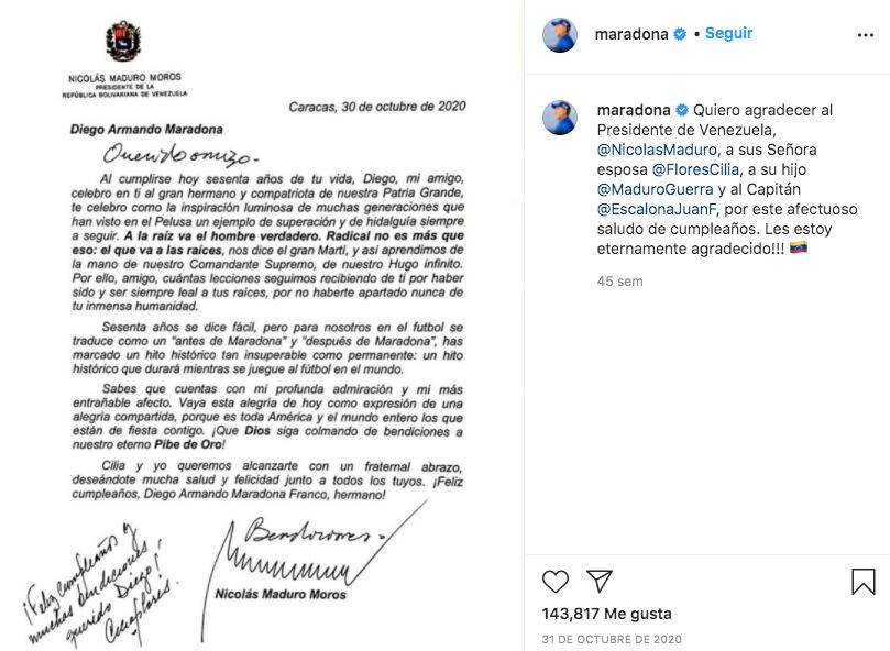 El último posteo de Diego Maradona, agradeciendo a Nicolás Maduro por saludarlo en su cumpleaños.