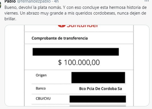 La persona que recibió en su cuenta el dinero, la devolvió.