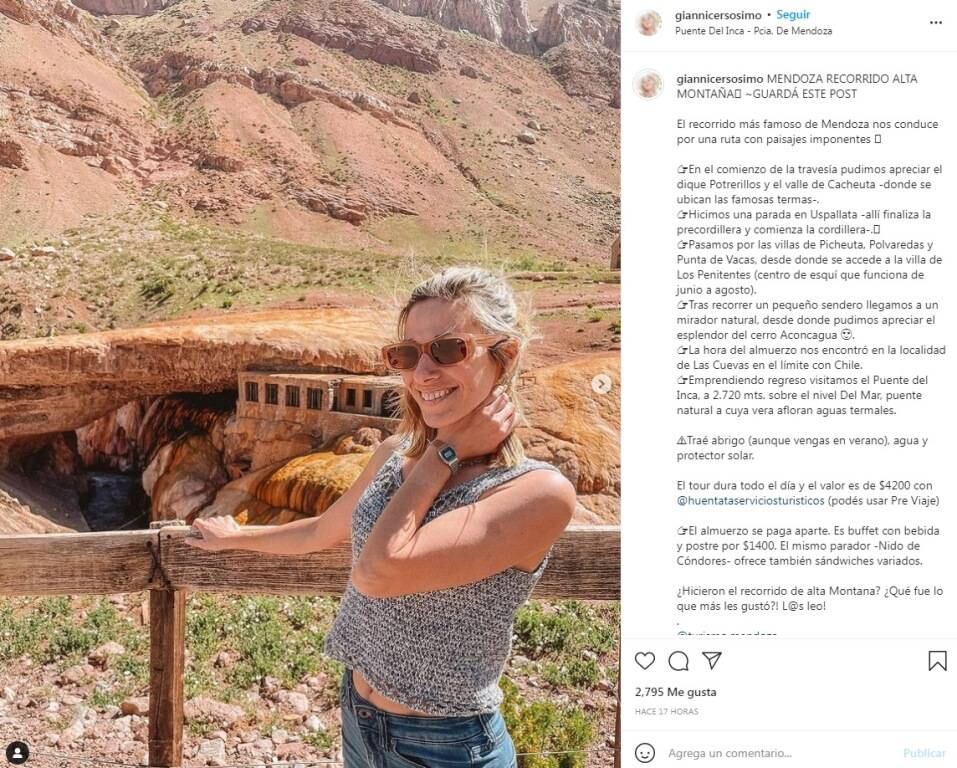 La influencer de viajes Gianni Cersósimo está de recorrida por Mendoza.