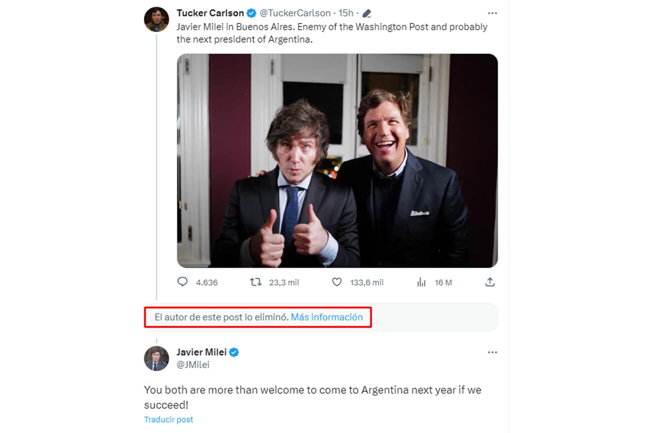 Elon Musk eliminó el tuit en el que elogiaba a Milei (Twitter).