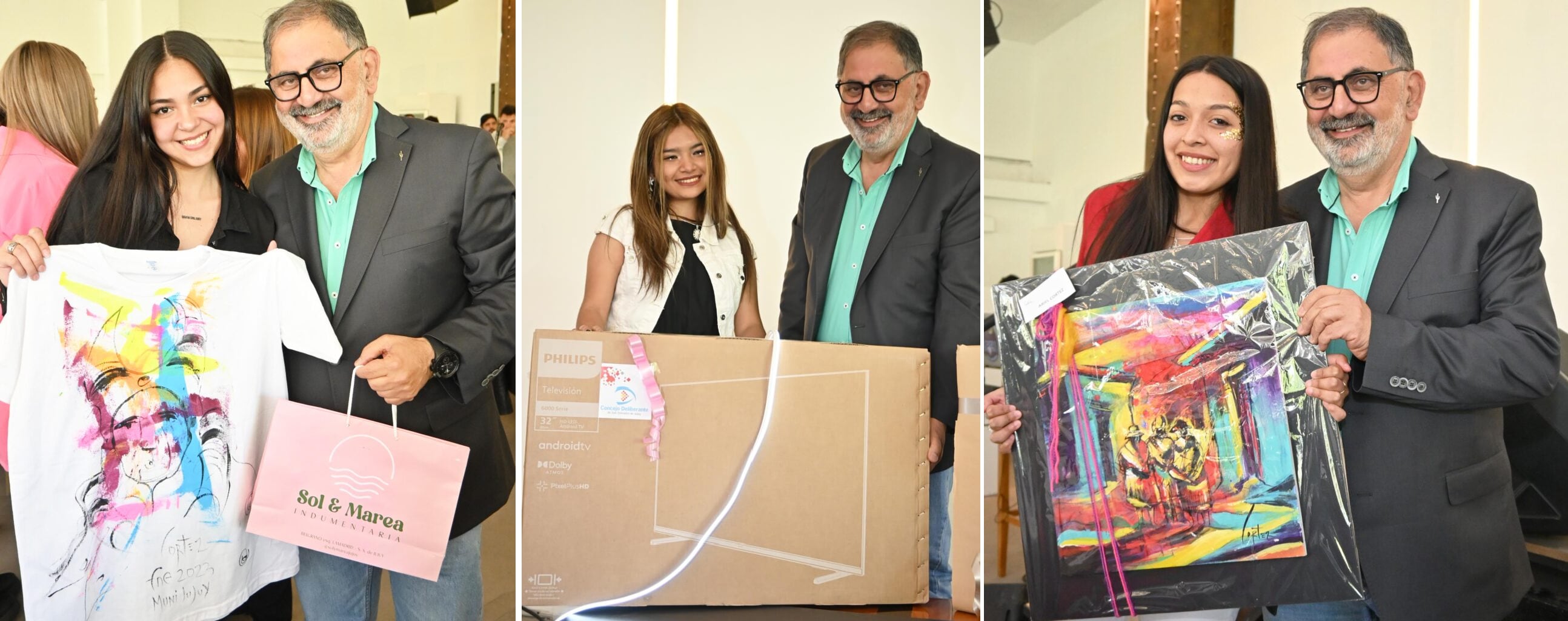 Las candidatas recibieron numerosos regalos y participaron de sorteos de interesantes premios, como celulares, un televisor y obras del artista plástico Ariel Cortéz, autor también de las remeras intervenidas que les fueron obsequiadas en la ocasión.