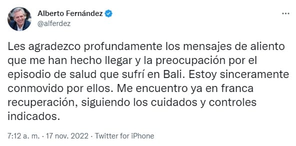 El mensaje de Alberto Fernández tras su descompensación.