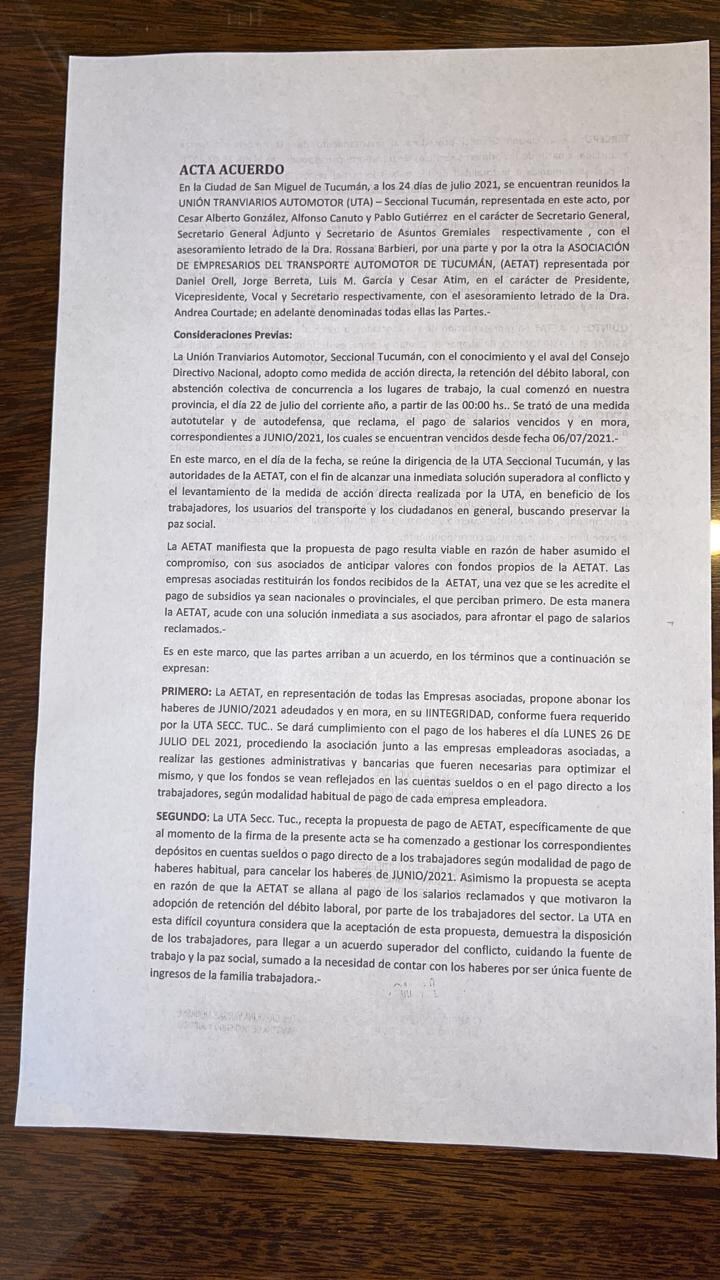 Acta acuerdo entre UTA y AETAT.