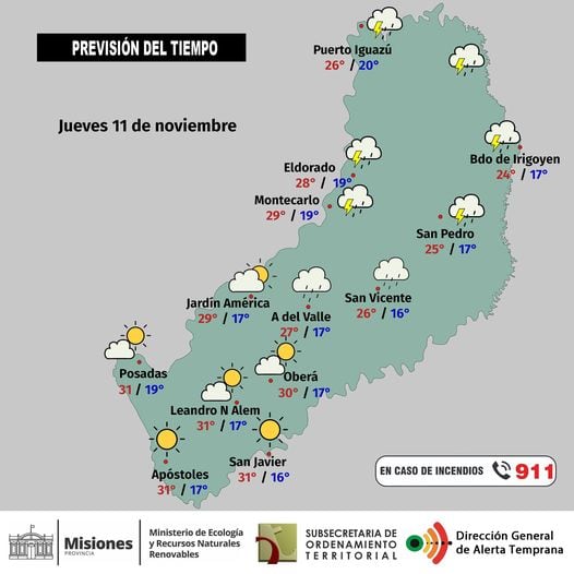 Jueves con algunas precipitaciones en zona norte y centro, con cielo nublado en el sur.