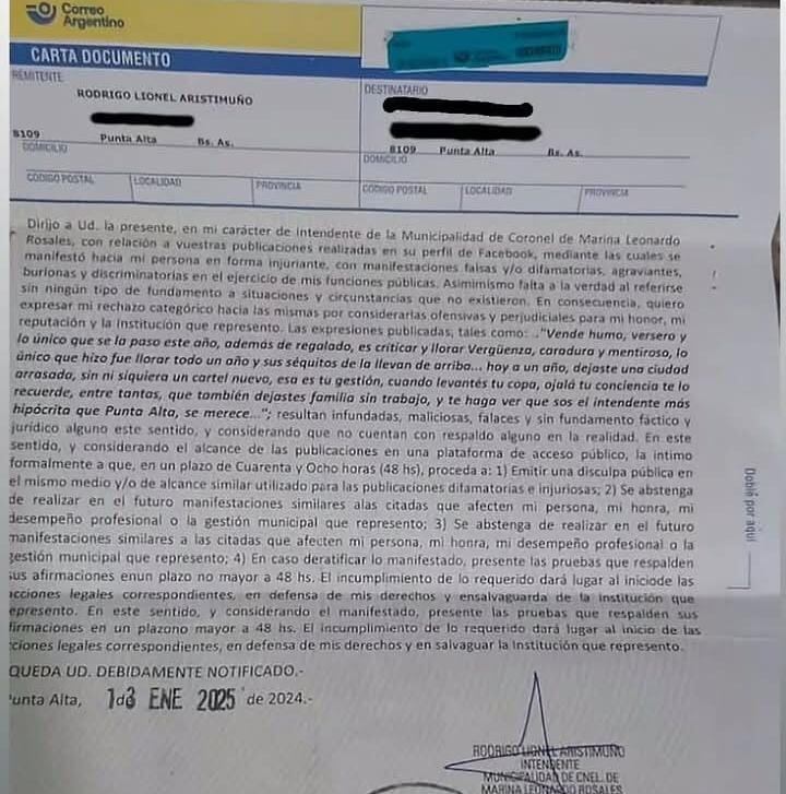 La carta documento que el intendente Aristimuño envió al exfuncionario Zanetti.