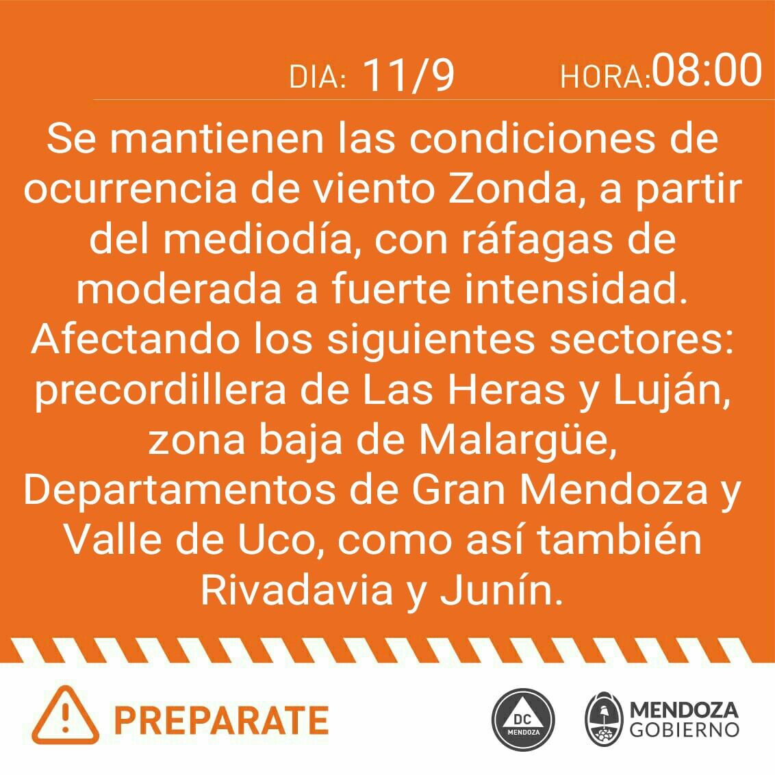 El comunicado sobre la alerta por el viento Zonda en Mendoza para este sábado, 11 de septiembre de 2021.