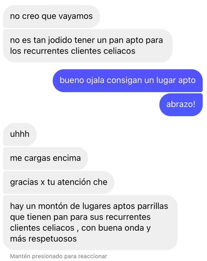 Las duras respuestas de un cliente celíaco a la encargada de una parrilla