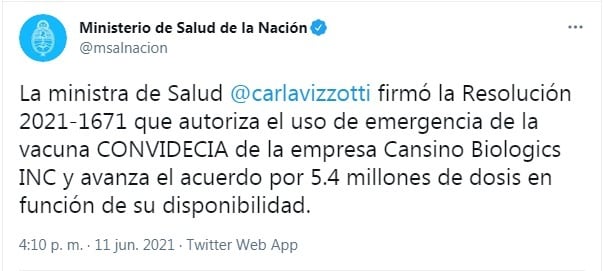 El tuit del anuncio (Foto: Captura de Twitter)