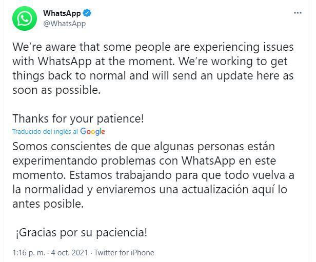 El comunicado de Whatsapp.