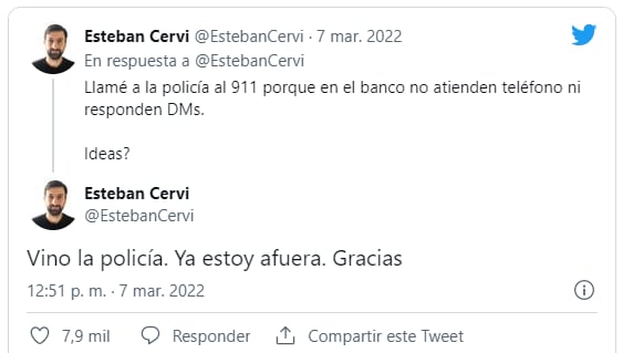 A continuación, Esteban contó en Twitter que la Policía logró rescatarlo.