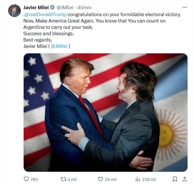 Milei felicita a Trump por el resultado en las elecciones en Estados Unidos (X)