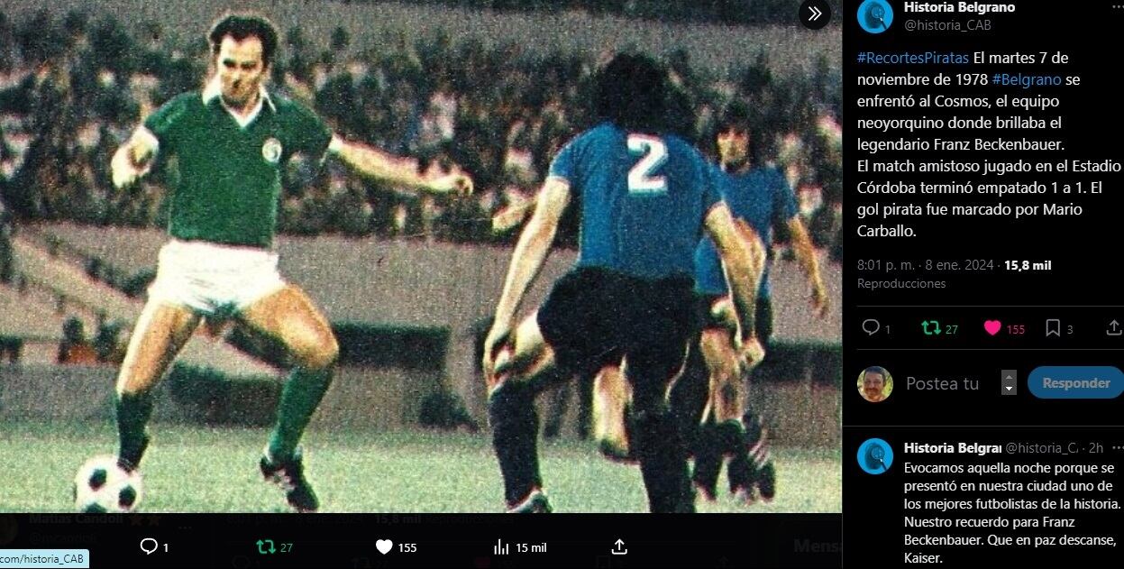 Franz Beckenbauer en acción jugando contra Belgrano en el viejo Estadio Córdoba para el New York Cosmos