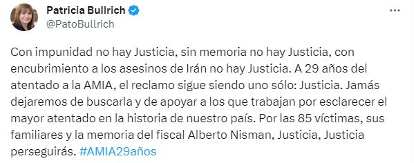 El tuit de Patricia Bullrich por el atentado de la AMIA.