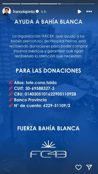 El gesto solidario de Franco Colapinto para los afectados de Bahía Blanca