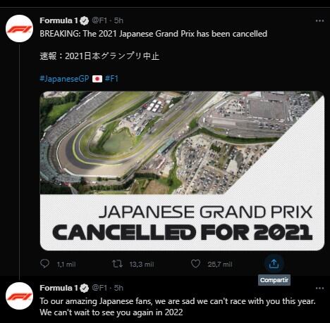 La Fórmula 1 anunció que no habra Gran Premio en Japón.