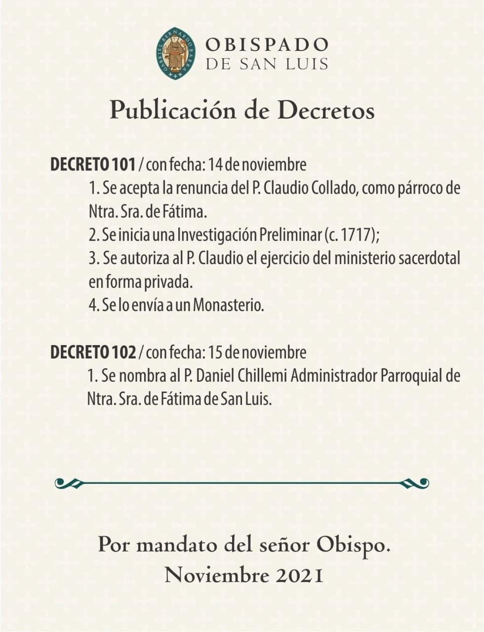 Comunicado del Obispado de San Luis