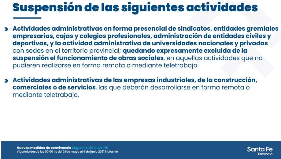 Actividades suspendidas en Santa Fe hasta el 4 de junio inclusive