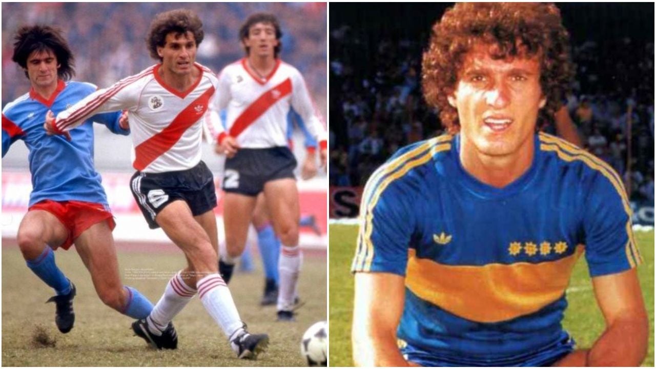 Oscar Ruggeri con las camisetas de River y Boca. 