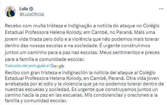 El mensaje de Lula tras el tiroteo.