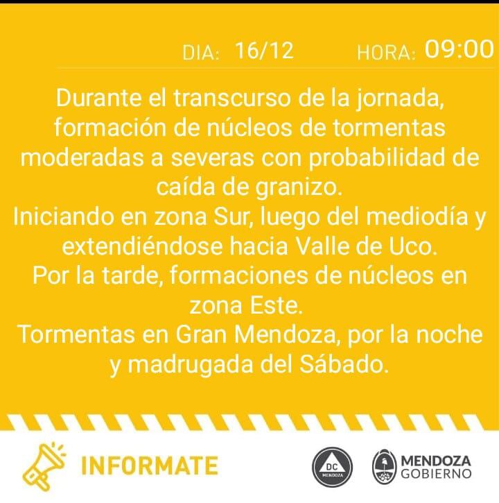 Alerta por tormentas y granizo en Mendoza.