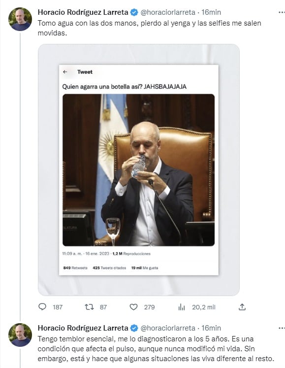 Tras las burlas que sufrió, Horacio Rodríguez Larreta reveló que padece temblor esencial (Twitter)