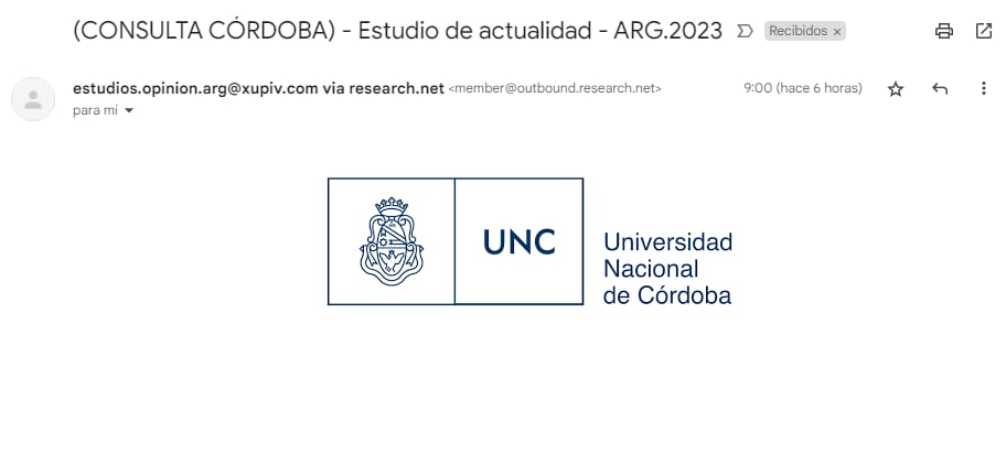 Sondeo. La supuesta encuesta de la UNC que le llegó por correo electrónico a un periodista de La Voz (Captura).